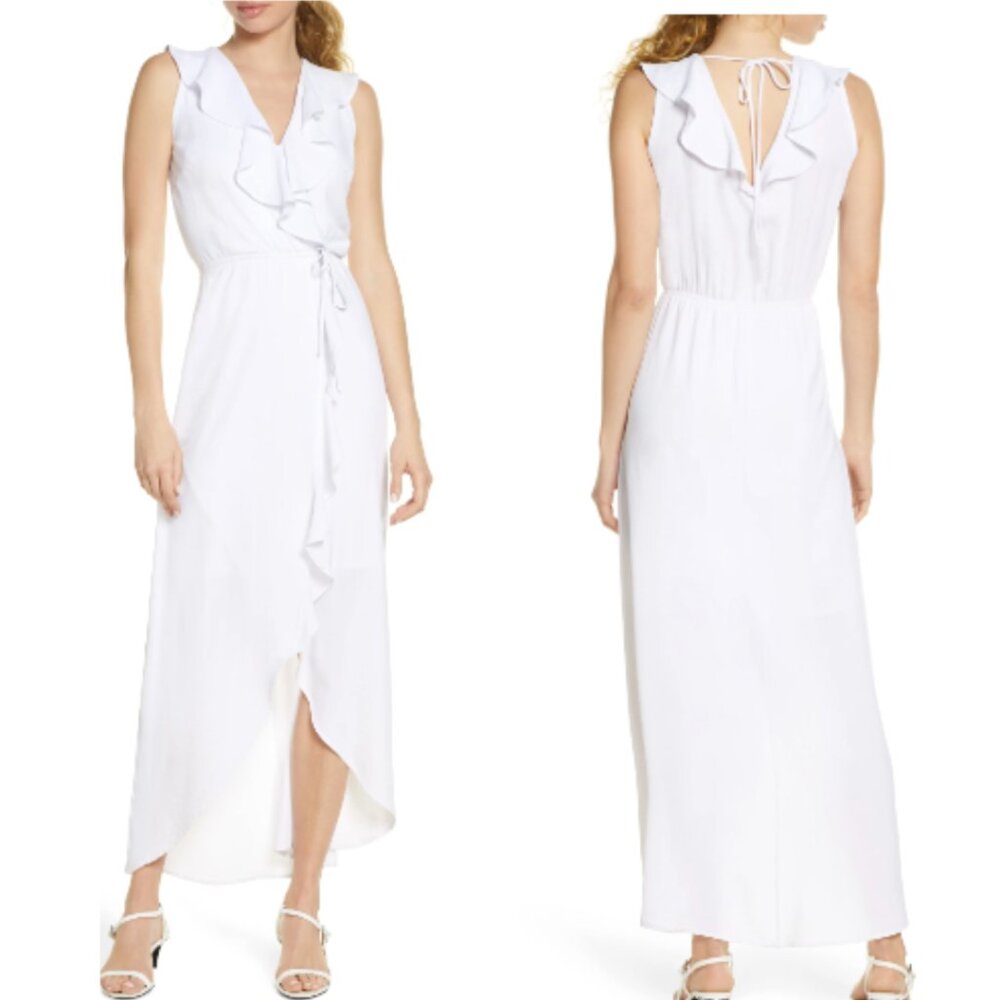 FRAICHE BY J | White Ruffle Faux Wrap High Low Hem Maxi Dress | Size S